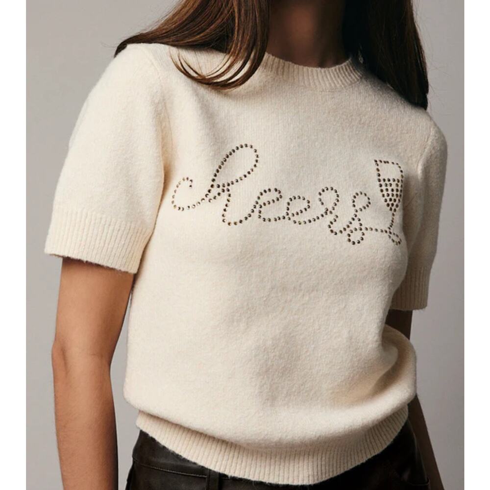 NWT Sunday Edition Knit Short Sleeve Cheers Champagne Sequin Sweater Small